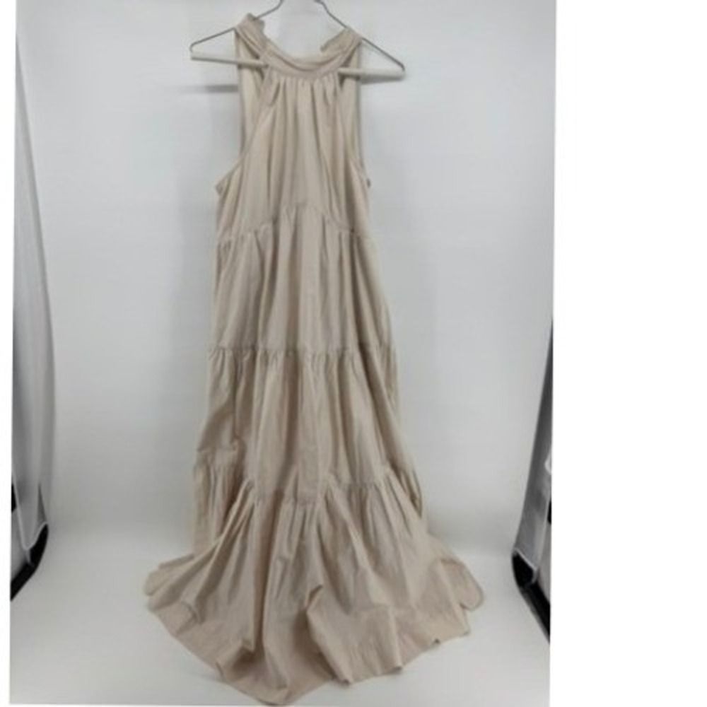 Bohemian Tiered Halter Maxi Dress Beige Sz 2 Cotton Blend High Neck Summer Gown